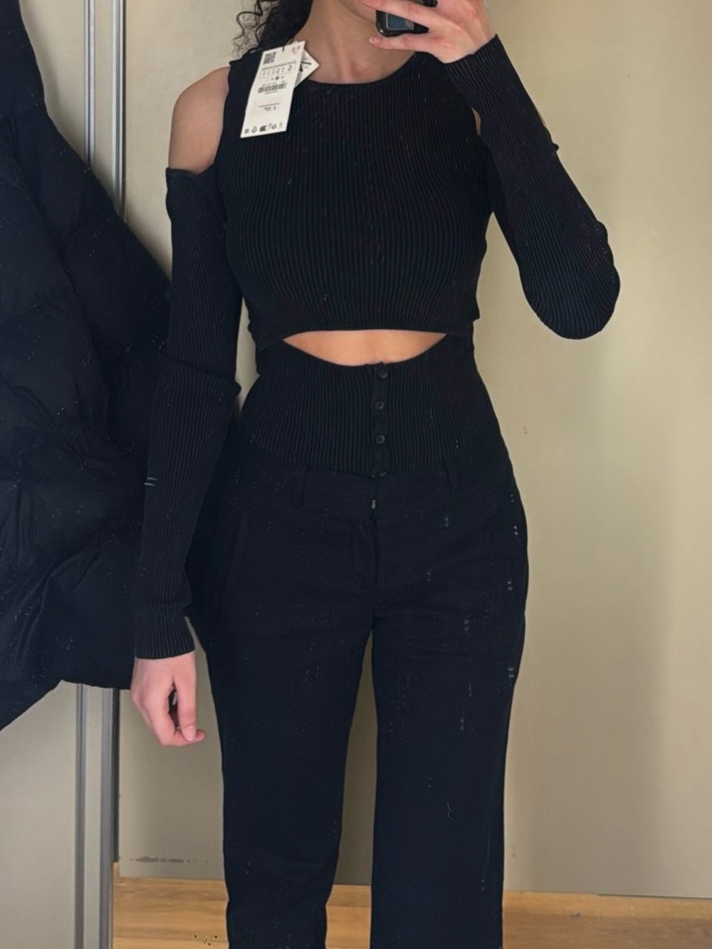 Zara Black Ribbed One-Shoulder Cutout Top
